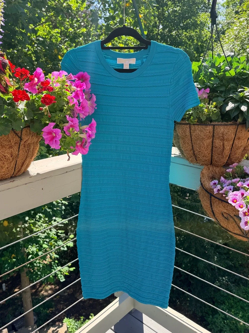 Michael KORS Teal Stretchy Bodycon Short Sleeve Ribbed Dress Blue Ruffled Small